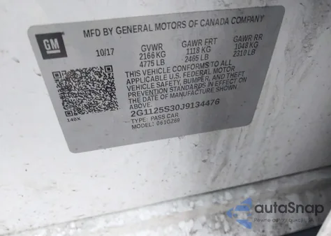 2018 Chevrolet Impala 2Lz from USA, damaged, VIN 2G1125S30J9134476